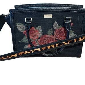 Kate Spade NY Leather Seely Lane Lana Rose Satchel Leopard Cross Stitch 🌹🐆